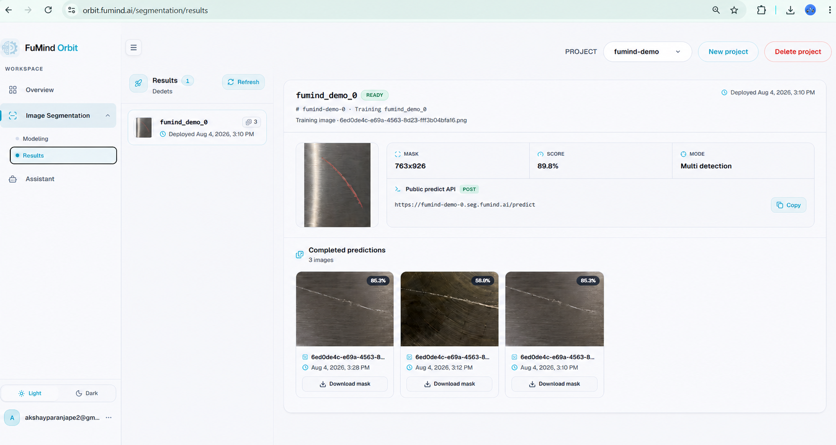 FuMind Orbit results workspace showing an image-segmentation defect inspection model, its score, prediction API, and completed predictions